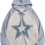 Aelfric Eden Suede Star Patchwork Full Zip Up Hoodie Oversized Graphic Hoodies Y2K...
