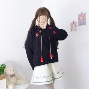 Kawaii Hoodie Japanese Cute Fox Embroidered Hooded Embroidery Plus Sweater (Color :…