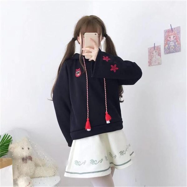 Kawaii Hoodie Japanese Cute Fox Embroidered Hooded Embroidery Plus Sweater (Color :…