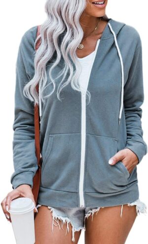 WROLEM Women Casual Full Zip Up Hoodie Comfy Loose Long Sleeve Sweatshirt Solid Color…