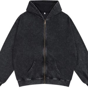 Oversized Vintage Cotton Jacket Acid Wash Grunge Basic Zip Up Hoodie For Women…