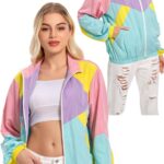80s Color Block Jacket for Women, Neon Windbreaker Tracksuit Retro Workout Outfit for...