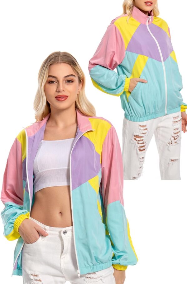 80s Color Block Jacket for Women, Neon Windbreaker Tracksuit Retro Workout Outfit for…