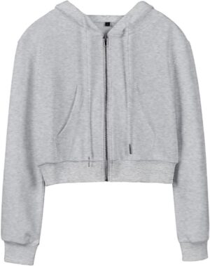 Hooever Womens Cute Workout Cropped Zip Up Drawstring Hoodie Sweatshirt Jacket