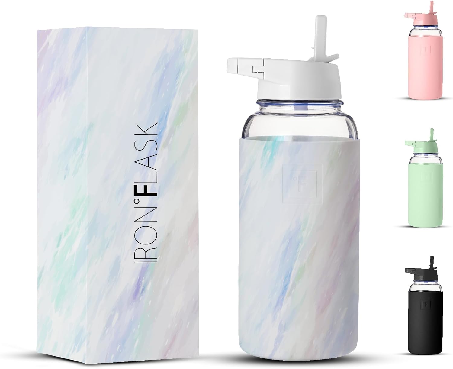 IRON FLASK Glass Sports Water Bottle - Straw Lid, Airtight Leak Proof, Vacuum...