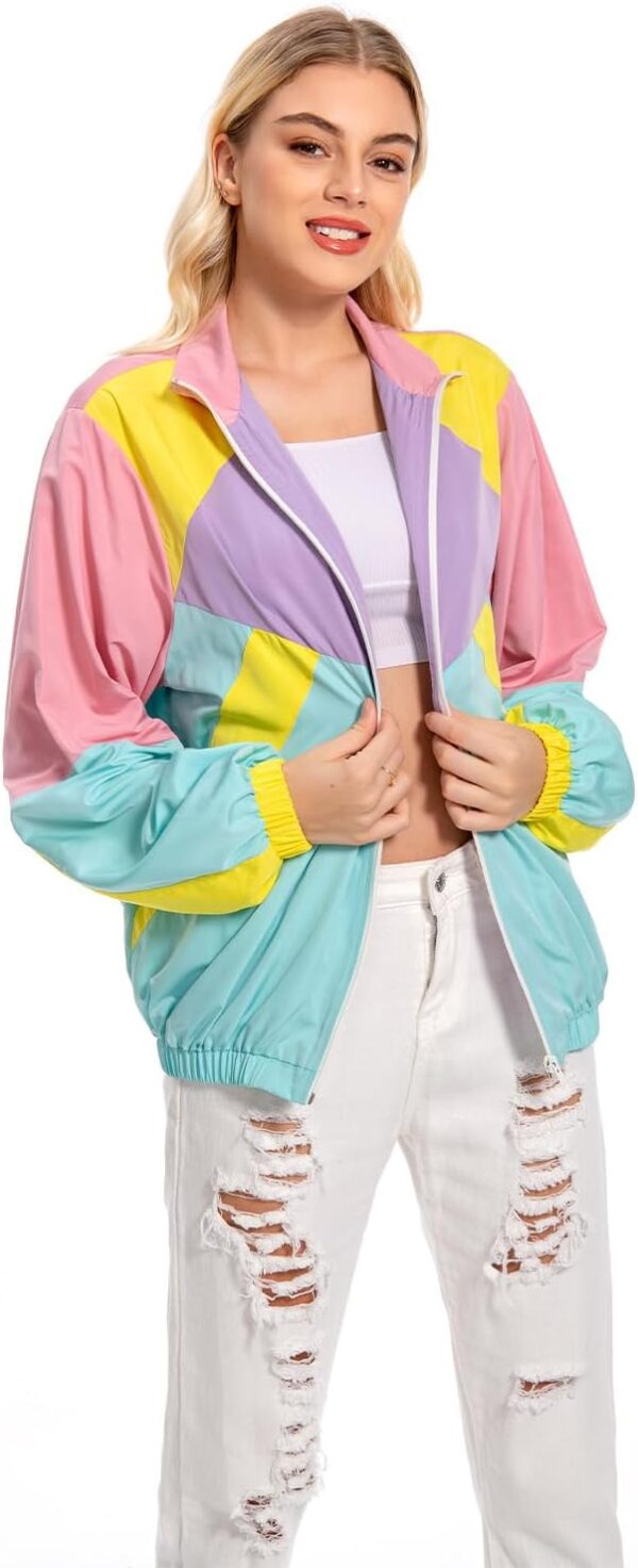 80s Color Block Jacket for Women, Neon Windbreaker Tracksuit Retro Workout Outfit for…