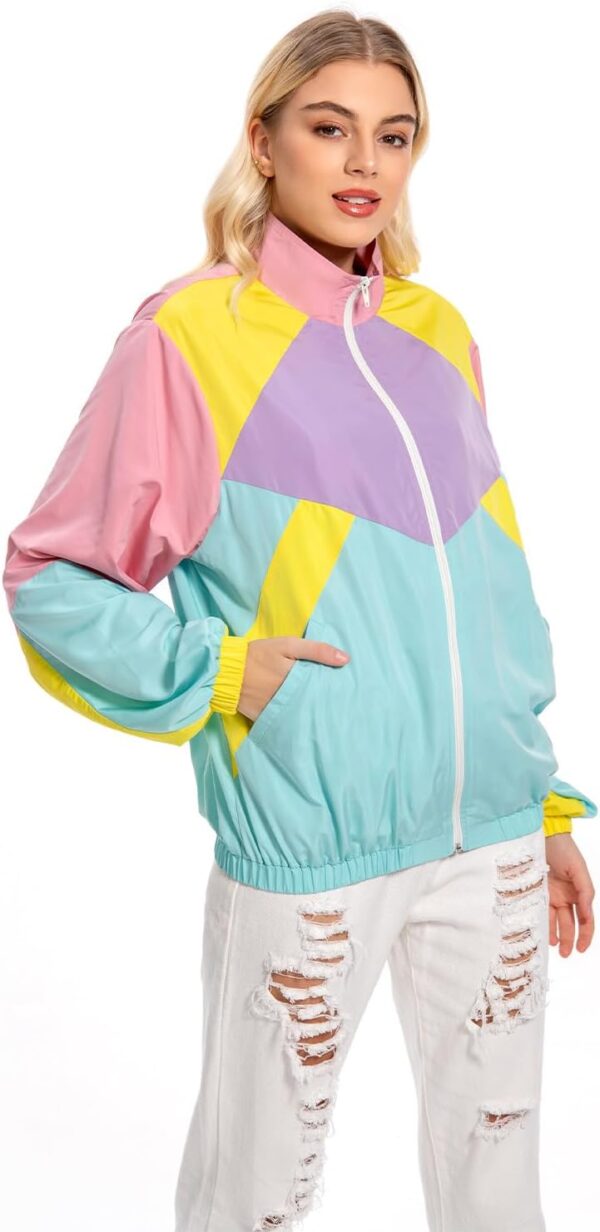 80s Color Block Jacket for Women, Neon Windbreaker Tracksuit Retro Workout Outfit for…