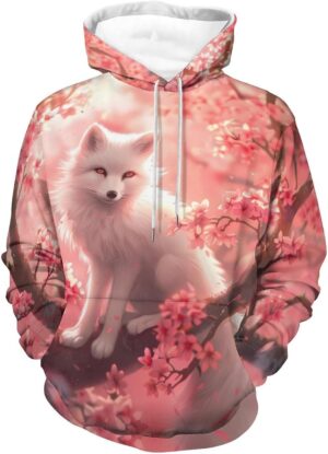 Animal White Fox On Cherry Flowers Adult Hoodies Casual Sweatshirt Long Sleeve…