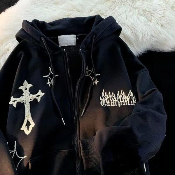 Gothic Embroidery Hoodies Women Retro Harajuku Hip Hop Jacket Zip Up Hoodie Loose…