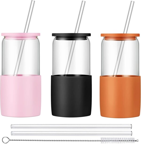 Sunseeke Glass Tumbler with Straw and Lid, 16oz Ice Coffee Cup, Silicone Sleeve…