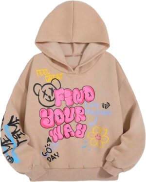 WDIRARA Girl’s Cartoon Letter Graphic Hoodie Drop Shoulder Long Sleeve Pullover Sweatshirt