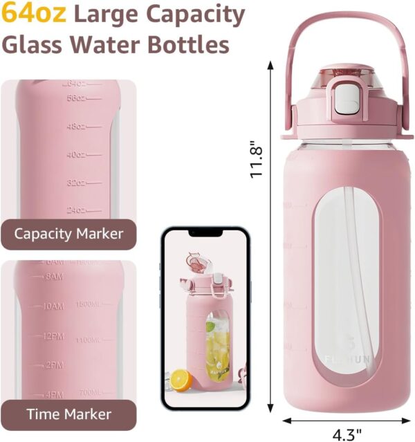 64 Oz Glass Water Bottles with Straw Lid and Handle, Half Gallon Water Bottle Glass…