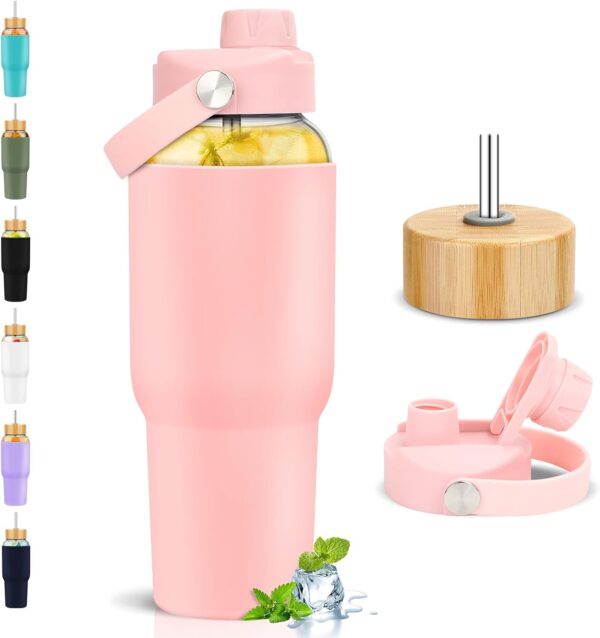 PROBTTL Glass Water Bottles 32 oz, 1 Liter Glass Tumbler, Borosilicate Water Bottle…