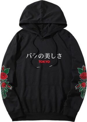 WDIRARA Men’s Floral Graphic Print Drawstring Pocket Hoodie Sweatshirt