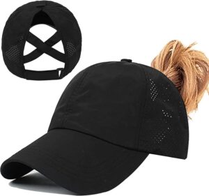 Womens Ponytail Hat Baseball Cap, Adjustable Criss Cross Baseball Cap High Bun Unisex…