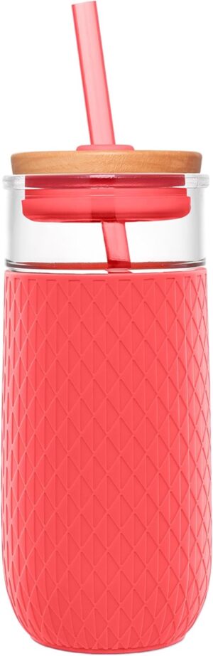 Ello Devon Glass Tumbler with Straw, Friction Fit Bamboo Wood Lid and Silicone Sleeve