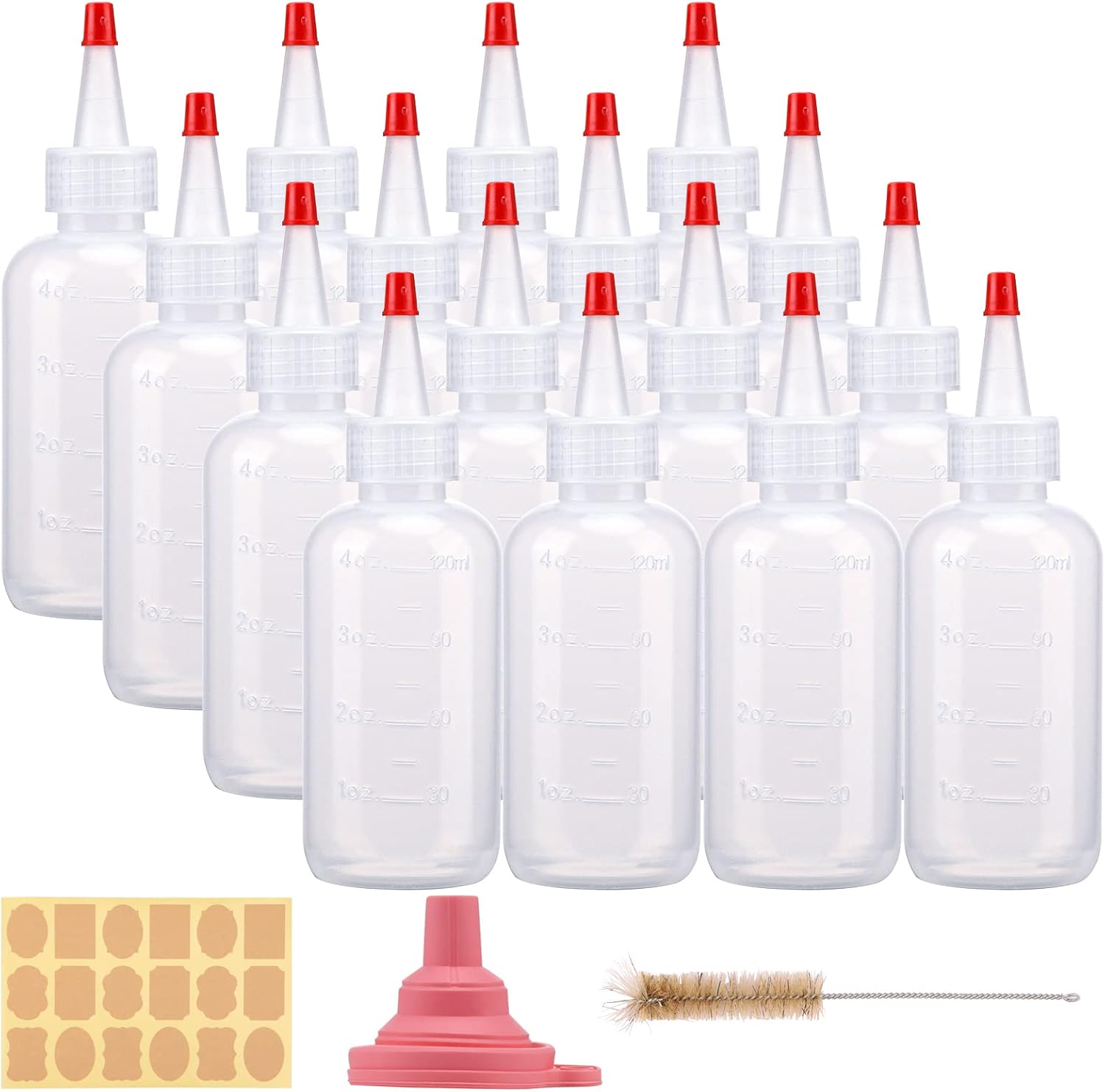 CUCUMI 16pcs 4oz Plastic Squeeze Bottles, with Red Tip Caps and Measurement, with...