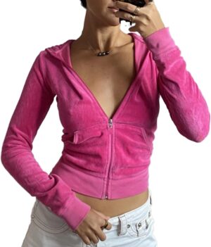 KMBANGI Zip Up Crop Hoodies for Women Vintage Velvet Hooded Pullover Y2k Slim Fit…