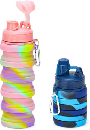 Collapsible Water Bottles, 2 Pack 16oz Silicone Travel Water Bottle Leakproof BPA Free…