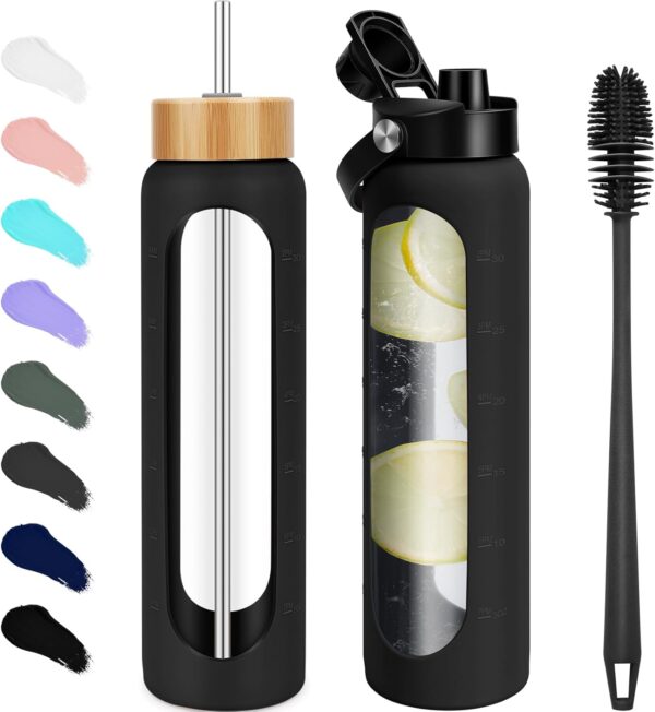 32 oz Glass Water Bottles With Silicone Sleeve (2-Pack) – Olive & Black, Each with…