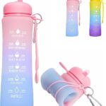 Collapsible 20oz Leakproof Foldable Silicone Water Bottle, Time Marker, Portable for...