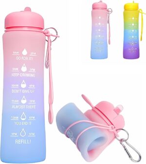 Collapsible 20oz Leakproof Foldable Silicone Water Bottle, Time Marker, Portable for…