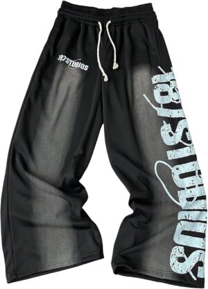 Men’s Letter Graphic Sweatpants Vintage Drawstring Waist Wide Leg Track Pants Streetwear