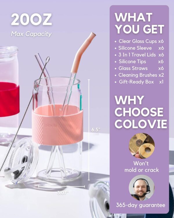 ColoVie 20oz Mixed Drinking Glasses with 6 Colors, Thicken Reusable Glass Tumblers…