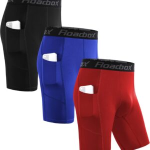Roadbox Men’s Compression Shorts with Pockets, 3 Pack 9” Performance Running Base…