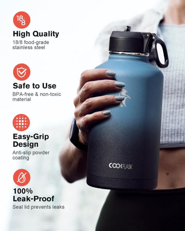 Half Gallon Water Bottle Insulated with Straw & 3 Lids, Coolflask 64 oz Water Jug…