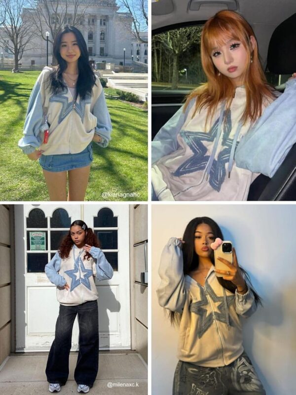 Aelfric Eden Suede Star Patchwork Full Zip Up Hoodie Oversized Graphic Hoodies Y2K…