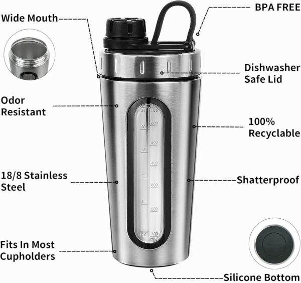 TOOFEEL Shaker Bottles for Protein Mixes 28 oz Stainless Steel Protein Shaker with 2…