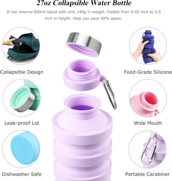 Nefeeko Collapsible Water Bottle, Reuseable BPA Free Silicone Foldable Water Bottles…