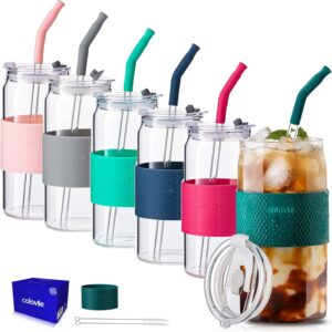 ColoVie 20oz Mixed Drinking Glasses with 6 Colors, Thicken Reusable Glass Tumblers…