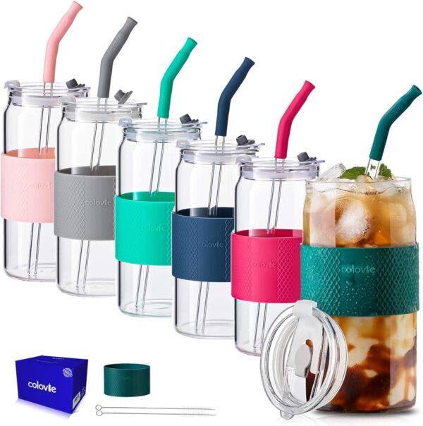 ColoVie 20oz Mixed Drinking Glasses with 6 Colors, Thicken Reusable Glass Tumblers…