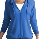 HTD Women Casual Full Zip Up Hoodie Basic Lightweight Long Sleeve Sweatshirt Solid...