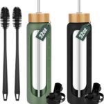 32 oz Glass Water Bottles With Silicone Sleeve (2-Pack) - Olive & Black, Each with...