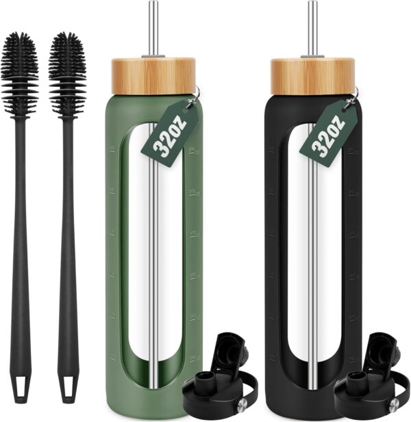 32 oz Glass Water Bottles With Silicone Sleeve (2-Pack) – Olive & Black, Each with…