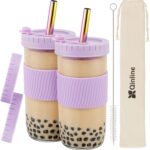 Reusable Glass Mason Jars Cups with Lids and Straws Silicone Sleeves, 2 Pack 24Oz Wide...