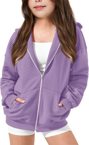Girls Oversized Full Zip Hoodie Casual Long Sleeve Sweatshirts Cute Jackets with Pockets