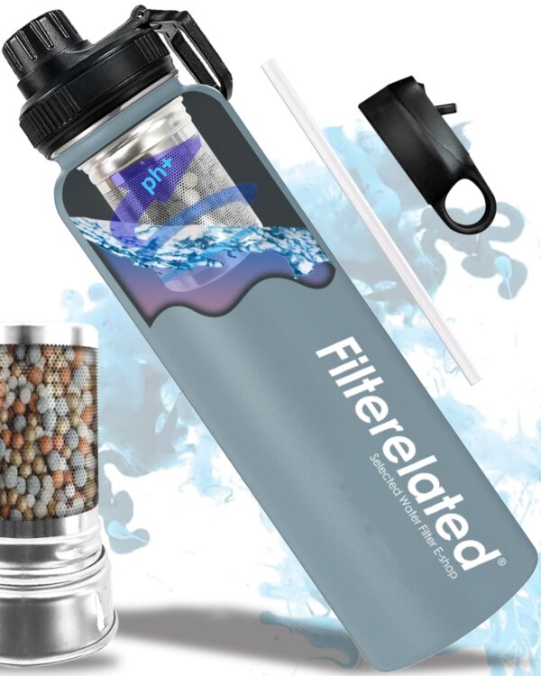 30oz Stainless Steel Portable Alkaline Filter Water Bottle, Creates Up To 9+ Ph Of…