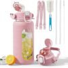 64 Oz Glass Water Bottles with Straw Lid and Handle, Half Gallon Water Bottle Glass...