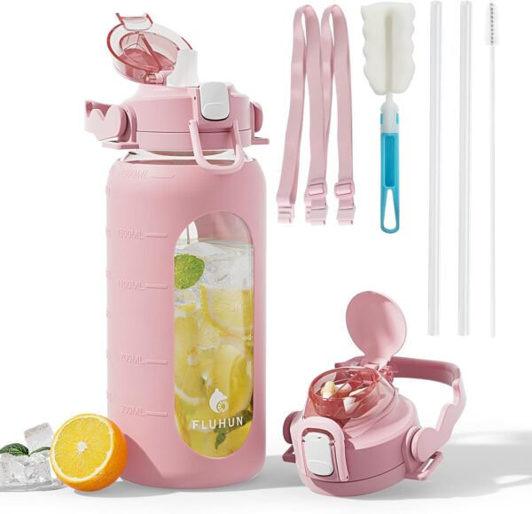 64 Oz Glass Water Bottles with Straw Lid and Handle, Half Gallon Water Bottle Glass…