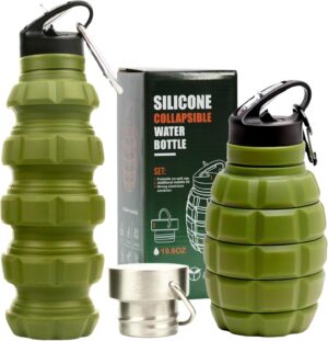YARO Collapsible Water Bottles, 20oz Water Bottle with 2 Lids and Carabiner, Green…