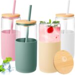 4 Pack 20 oz Glass Tumbler with Silicone Protective Sleeve Iced Coffee Cups with Lids...