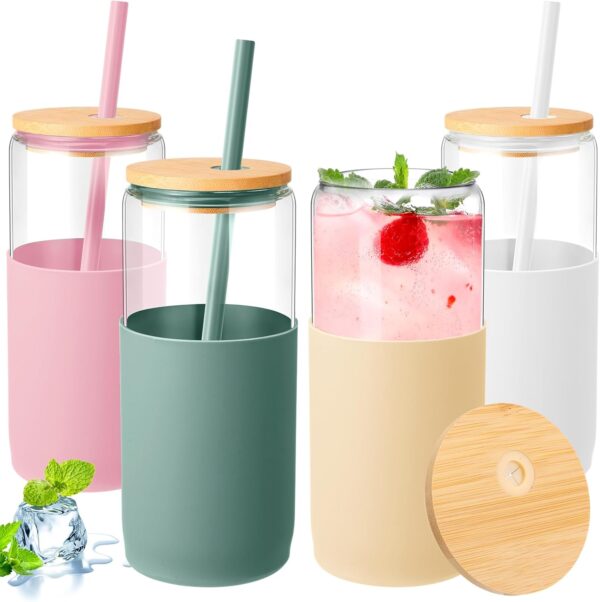 4 Pack 20 oz Glass Tumbler with Silicone Protective Sleeve Iced Coffee Cups with Lids…