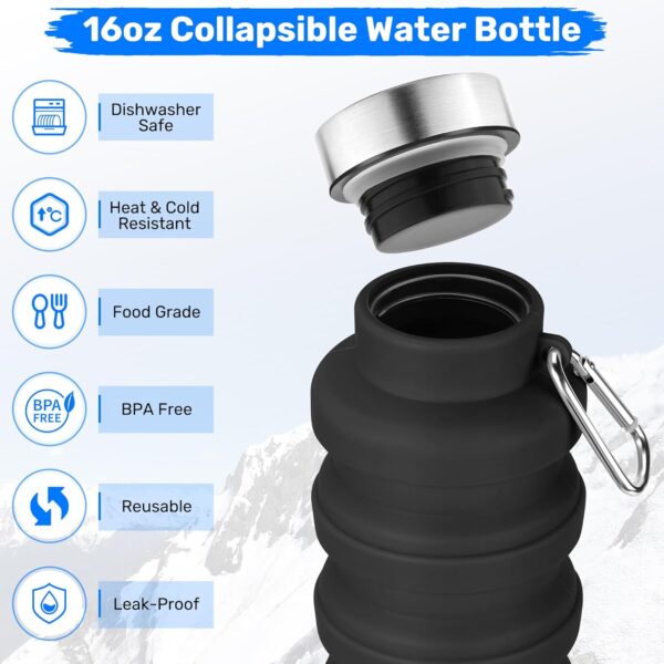 Collapsible Water Bottles, Reuseable BPA Free Silicone Foldable Water Bottle 16oz,…