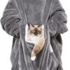 Wearable Blanket Hoodie with Giant Pocket Pet Won't Leave Extra Soft Sherpa Fleece...