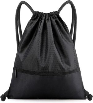 Drawstring Backpack Bag, Waterproof Draw String Back Sack with Zip Pocket,…