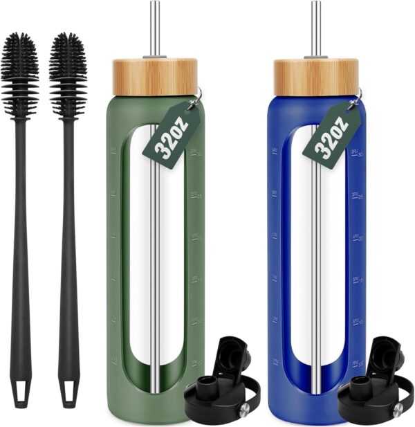 32 oz Glass Water Bottles With Silicone Sleeve (2-Pack) – Olive & Blue, Each with…